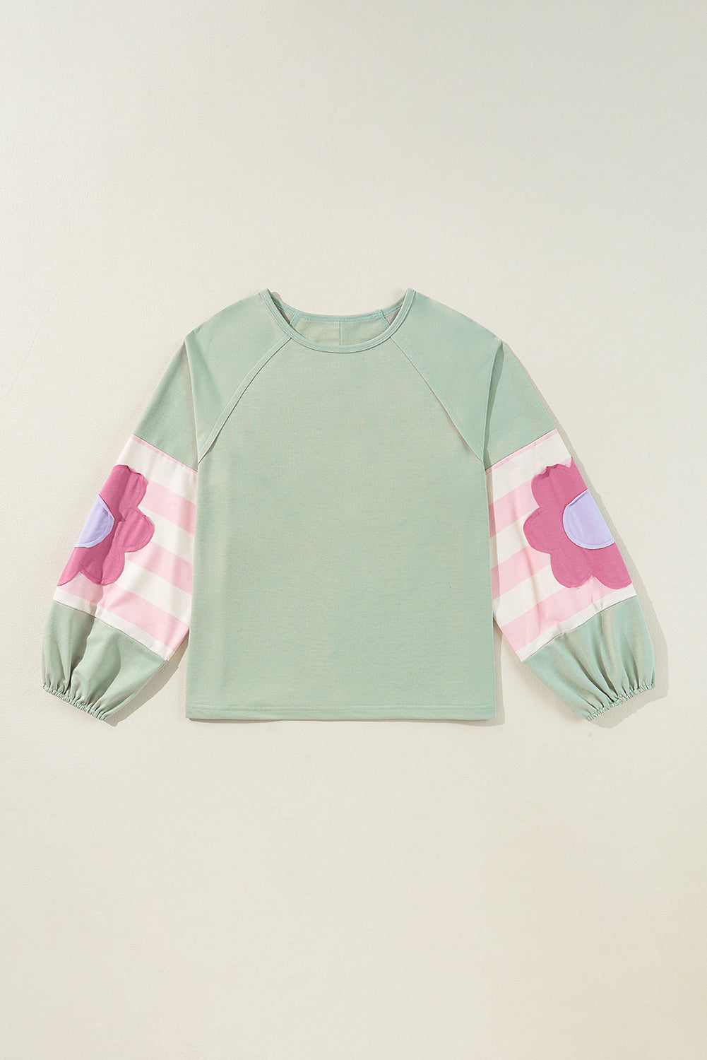 Smoke Green Flower Patchwork Raglan Sleeve Exposed Seam Oversized Top