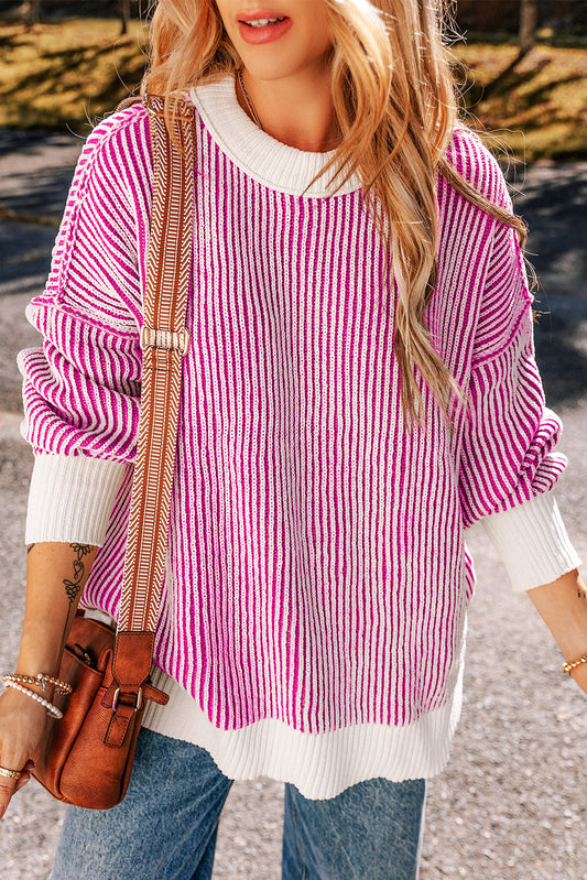 Bright Pink Striped Textured Knit Contrast Edge Loose Sweater