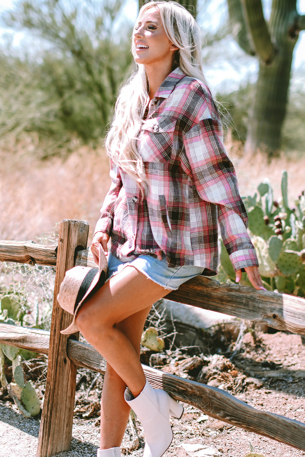 Pink Plaid Flap Pocket Button Up Shacket