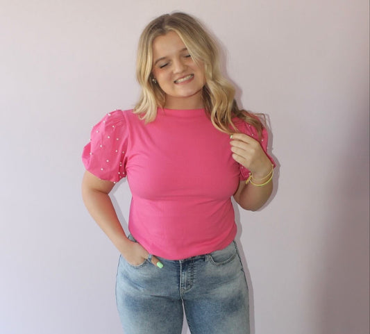 “Radiant Grace” Ribbed Pearl Beaded Puff Sleeve Top