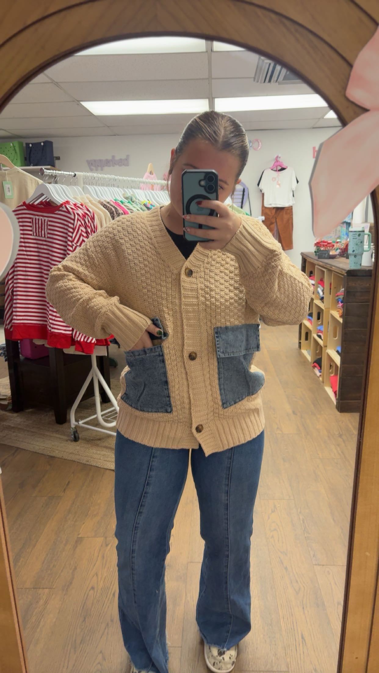 Denim Pocket Teddy Bear Cardigan