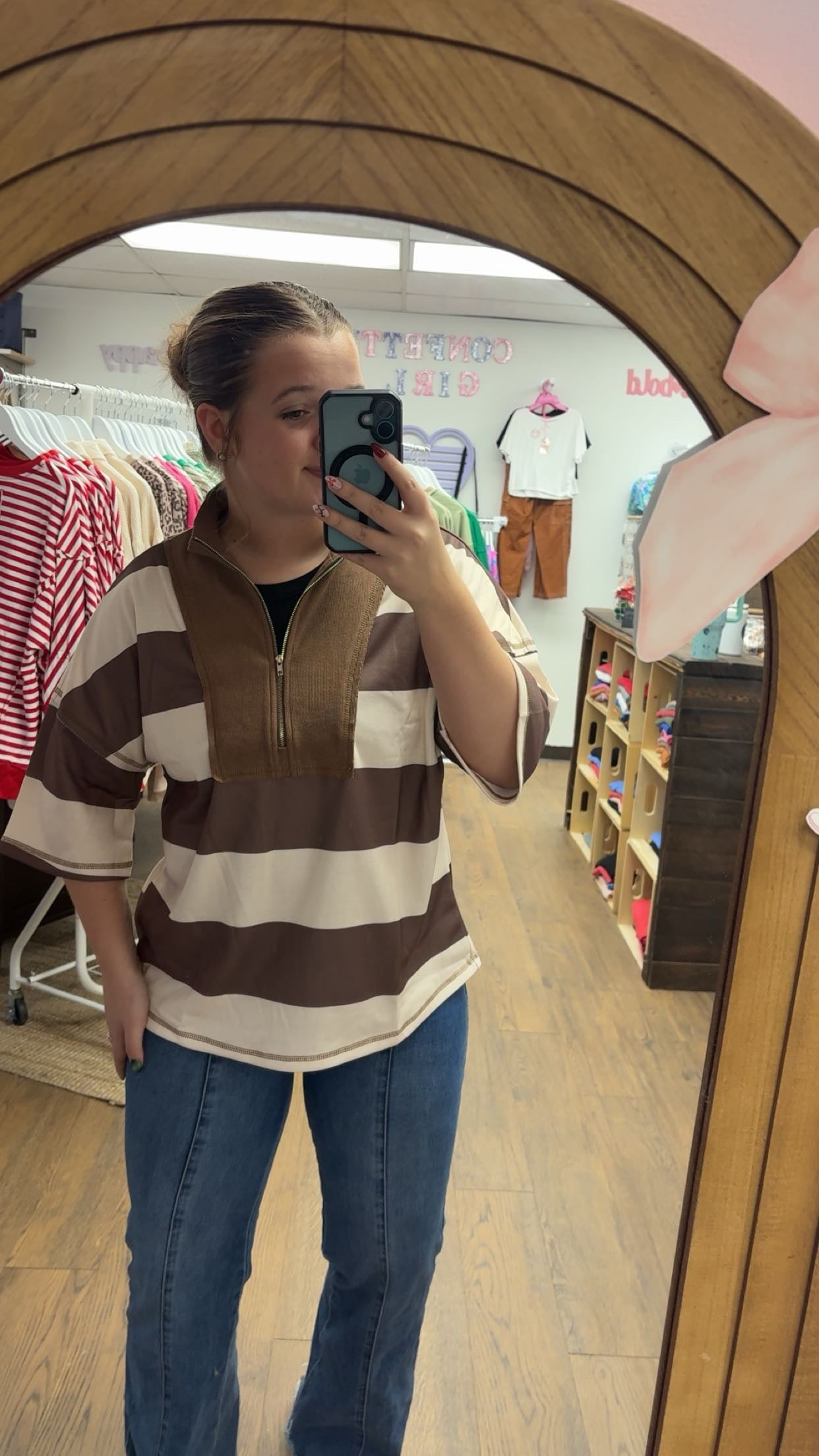 Brown Stripe 3/4 Sleeve Quarter Zip