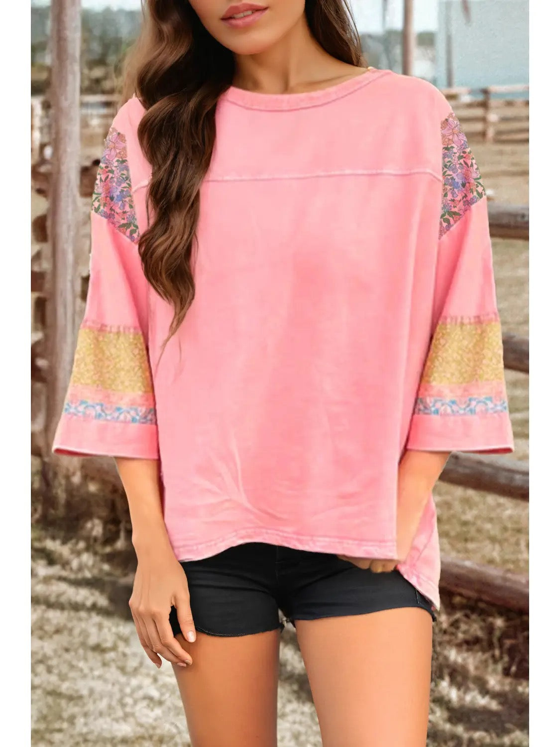 Pink Patchwork Long Sleeve Blouse