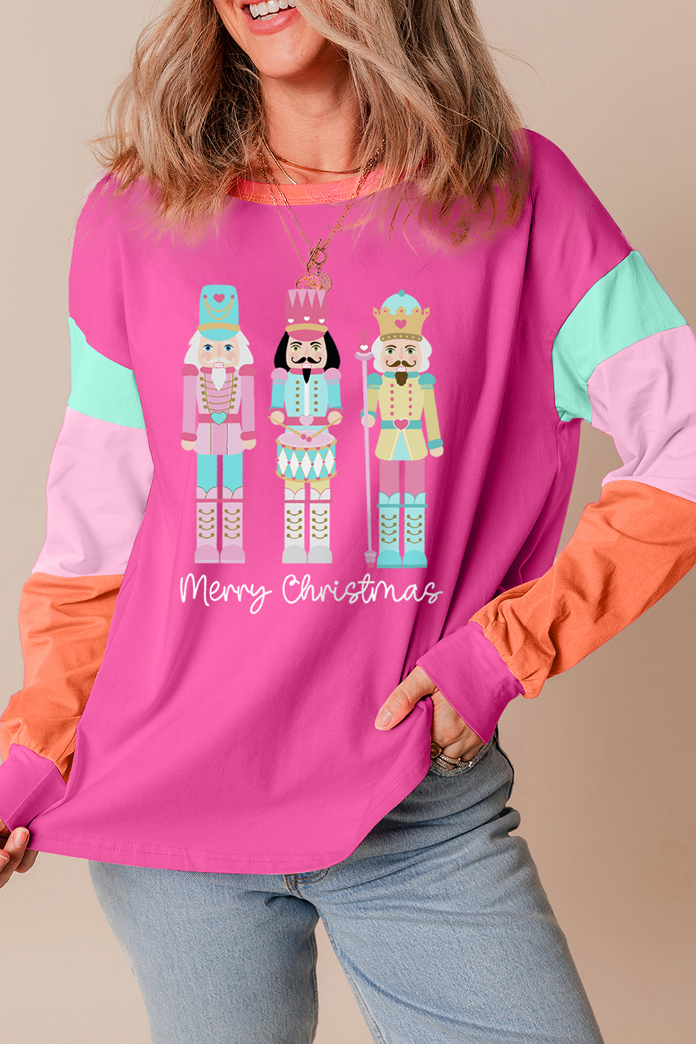 Rose Red Nutcracker Merry Christmas Graphic Colorblock Long Sleeve Tee